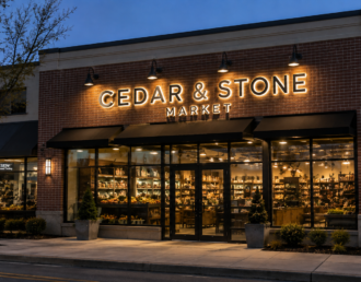 Illuminated channel letter storefront sign on a Long Island business at dusk.