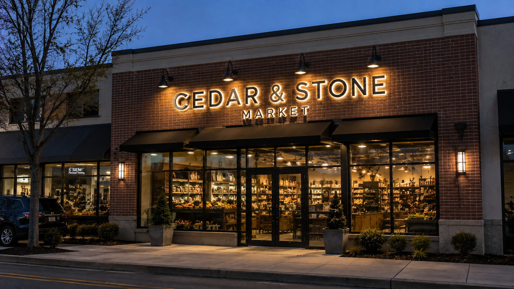 Illuminated channel letter storefront sign on a Long Island business at dusk.