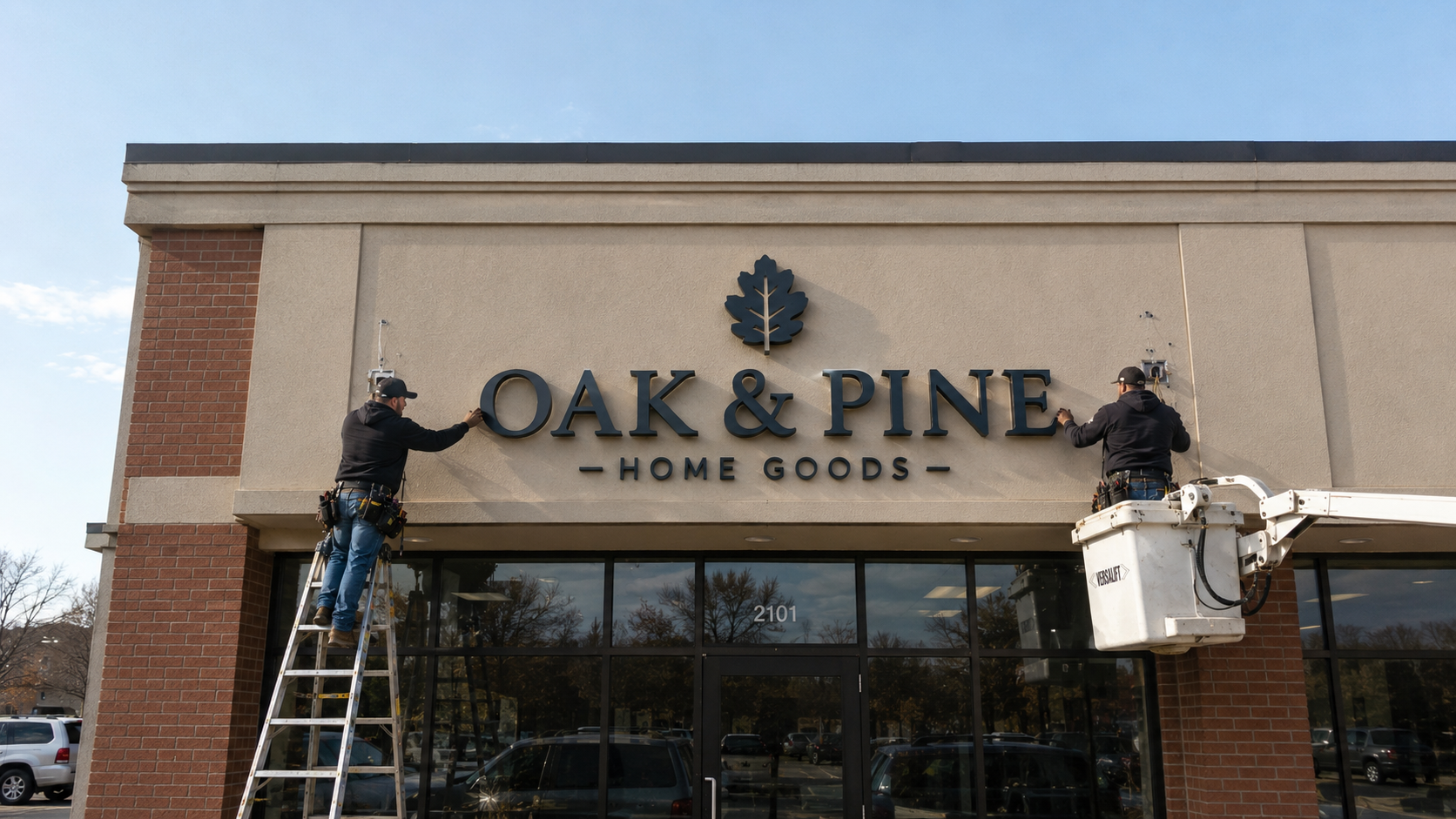 Professional sign company on Long Island installing custom commercial signage on a business storefront.