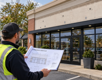 Sign professional reviewing commercial storefront plans before sign permitting and installation in Nassau County, Long Island.