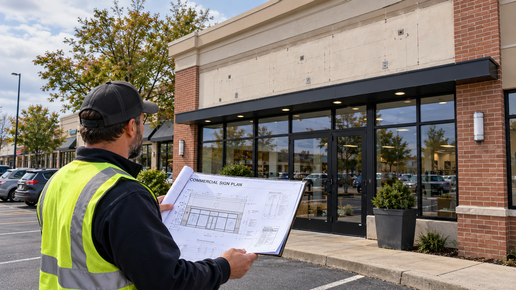 Sign professional reviewing commercial storefront plans before sign permitting and installation in Nassau County, Long Island.