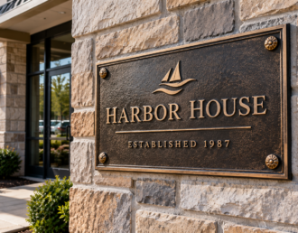 Custom cast bronze metal plaque mounted on a commercial building on Long Island.