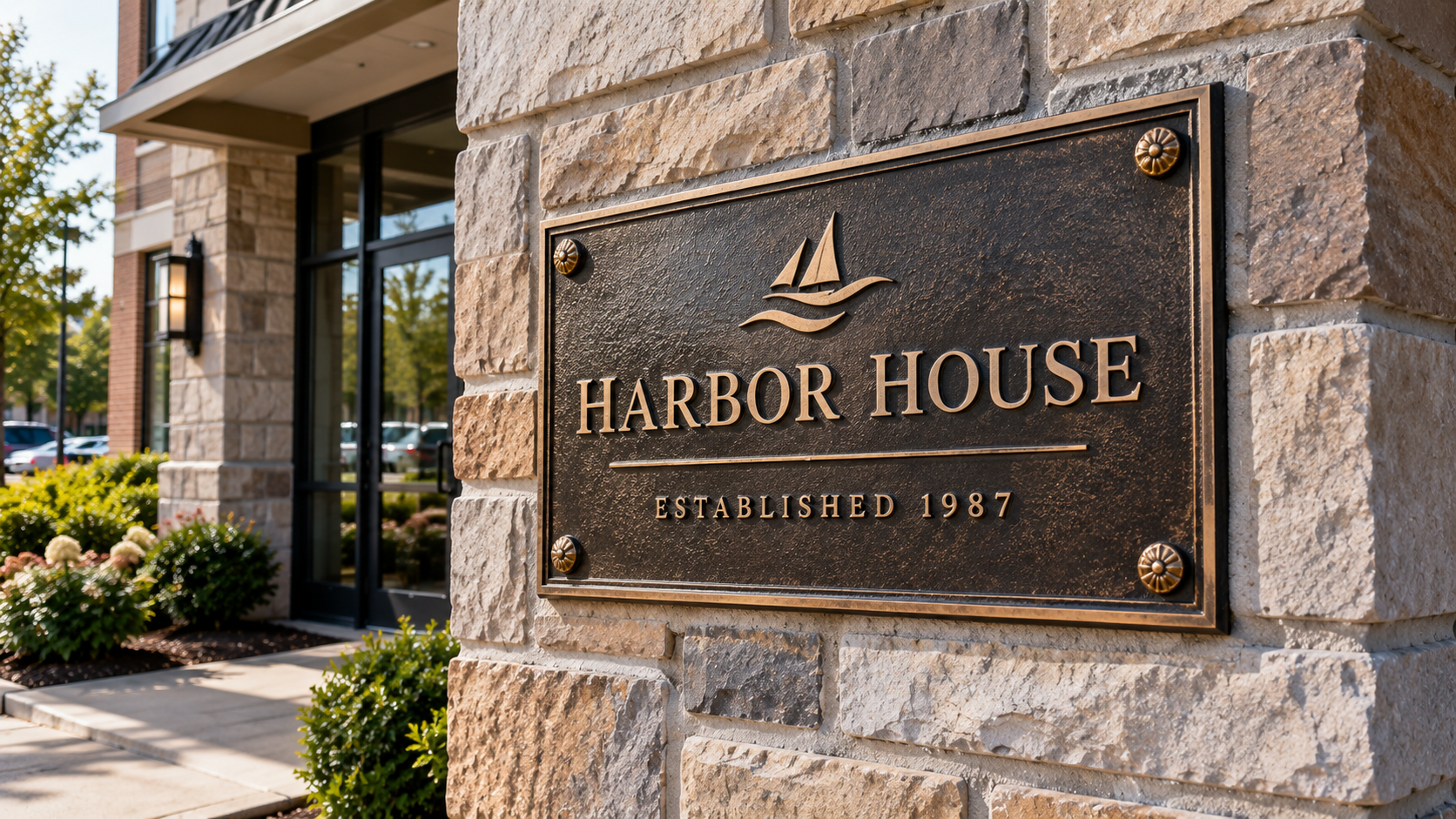 Custom cast bronze metal plaque mounted on a commercial building on Long Island.