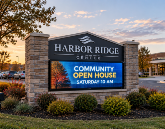 Electronic message center sign at the entrance of a Long Island institutional or commercial property.