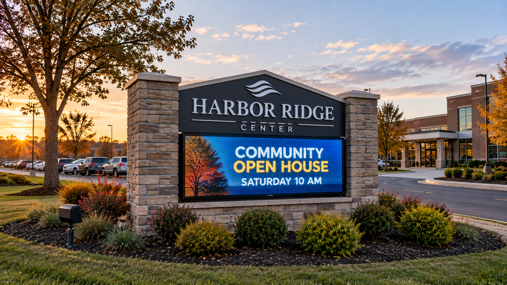 Electronic message center sign at the entrance of a Long Island institutional or commercial property.